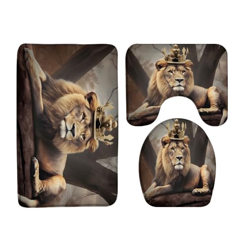 FGYGYK Lion 3 Pcs Bath Rugs Set,African Wild Animal Jungle King Wildlife Cool Men Boys Bathroom Kitchen Rug with 17.8