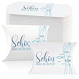 50 kleine Geschenkboxen „Schön, dass du da bist“ – Kraftpapier-Geschenkverpackungen (210 g/m²) für Taufe, Kommunion, Hochzeit & kleine Aufmerksamkeiten – 9x6x2,5 cm (Blau)