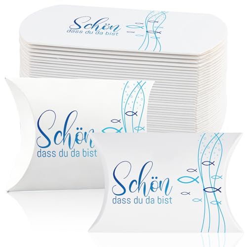 50 kleine Geschenkboxen „Schön, dass du da bist“ – Kraftpapier-Geschenkverpackungen (210 g/m²) für Taufe, Kommunion, Hochzeit & kleine Aufmerksamkeiten – 9x6x2,5 cm (Blau)
