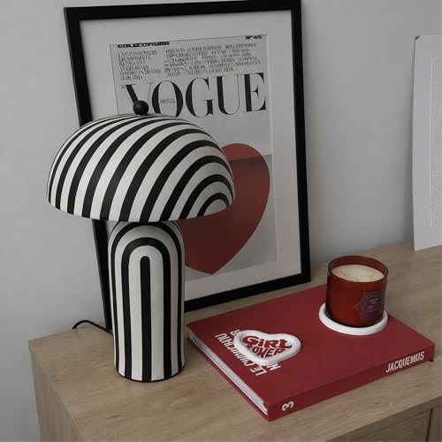 Image of Table Lamp for Living Room Decoration, Handcrafted Rhythm Dome with White & Black Striped Pattern, E27 Bulb Compatible (40 cm H x 28 cm W) (White, Black)
