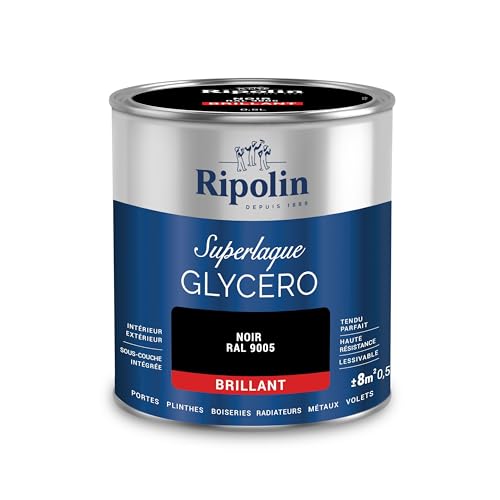 RIPOLIN - Peinture Laque Glycéro Intérieure/Extérieure - Boiseries et Structures Métalliques - Résistance Accrue - Durabilité Remarquable - Noir Ral 9005 - Brillant - 0,5L