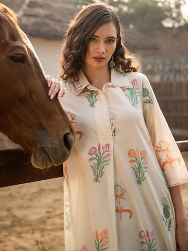 Image of INDO ERA Women's Kurta Set | Pure Cotton Printed A-Line Kurta with Pant | Ethnic Wear for Women | Indian Casual Office Daily