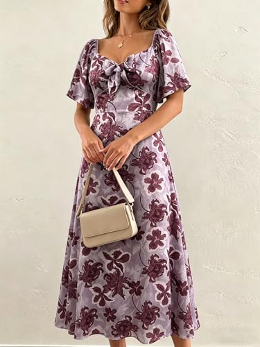 Image of Fashionme Womens Dresses 2026 Maxi Dresses Deep V Neck Elegant Bow Tie Front Cap Sleeve Summer Floral Satin Smocked Dress