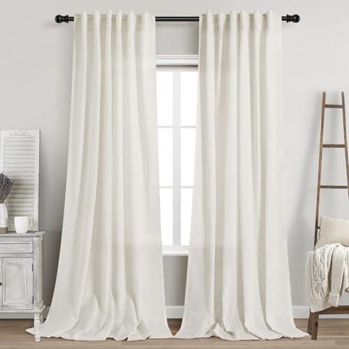 Image of Cream Linen Curtains Back Tab Sheer Curtains 90 Inches Long for Living Room 2 Panels Rod Pocket Neutral Semi Sheer Light Filtering Pleated Curtain Drapes Cream Farmhouse Dining Room Curtain 42x90