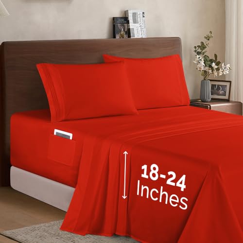 Image of Elegant Comfort Luxury 1500 Premium Hotel Quality Microfiber 4-Piece Sheet Set - Soft, All Around Elastic 18-24 Inches Deep Fitted Sheet - Extra Deep Pocket Sheets, Queen, Red