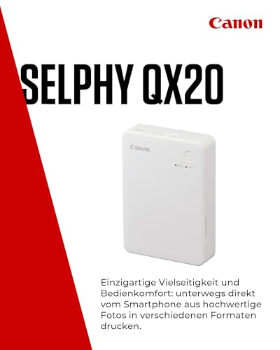 Canon SELPHY QX20 mobiler Fotodrucker – per WLAN direkt vom Smartphone drucken. Thermosublimationsdruck, 2 Größen Stickerpapier und Laden per USB-C - Weiß (ohne Farband/Papier)