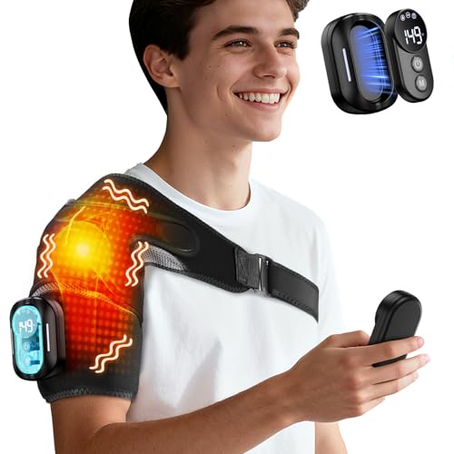 Cordless Shoulder Heating Pad with Massage for Frozen Shoulder Rotator Cuff Pain Relief 5000amh Battery Powered Detachable Controller Heated Massage with 5 Heats &Vibrations