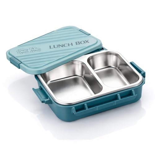 Image of Insulated Stainless Steel Lunch Box with Textured Lid | 3 Compartments | 525ml | BPA Free | Leakproof | Microwave Safe Without Lid | Bento Tiffin Box for Office School Travel (Light Teal, 2)