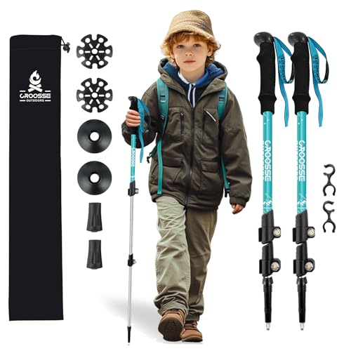 Lightweight Collapsible Kids Hiking Poles - Retractable Kids Hiking Stick Telescoping Aluminum Trekking Poles 2 Pack Adjustable Kid Ski Poles by Croosseoutdoors