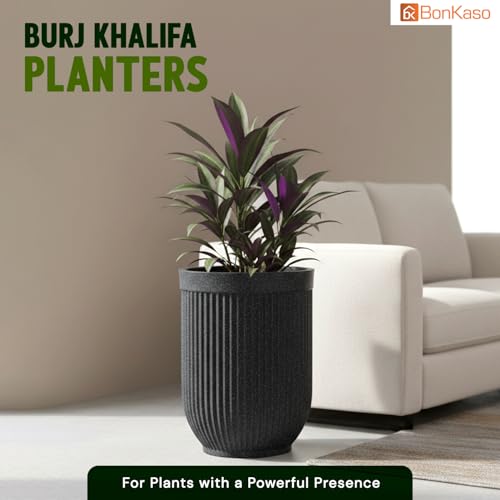 Image of Bonkaso 24 Inch Burj Khalifa Ribbed Planter for Indoor & Outdoor Use | Round Heavy Duty Polymer Flower Pot | Lightweight Weather Resistant Modern Gamla for Living Room Balcony & Terrace (Dark Grey)
