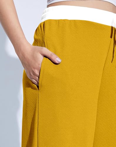 Image of Mehrang Wide Leg Drawstring Pants, with Contrast Waist Band || Casual Lounge Wear Side with Pockets, High Waisted, Relaxed Fit Trouser for Women