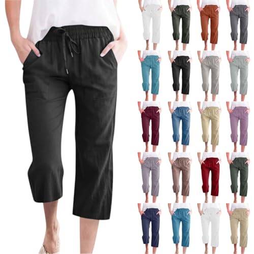 LRMQS Capris Pants for Women Cotton Linen Casual Summer 2025 Straight Wide Leg Loose Drawstring Elastic Waist Cropped Trouser