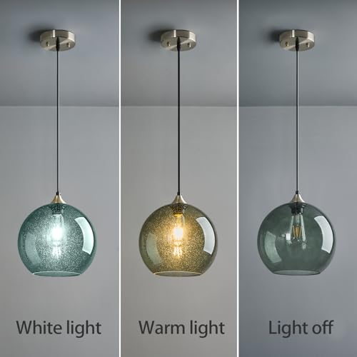 Image of Gray Green Glass Pendant Lights Kitchen Island Lighting Globe Pendant Light Fixtures Modern Pendant Lighting for Kitchen Island Bedroom Living Dining Room Light Fixture(9.84in, 1-Pack)