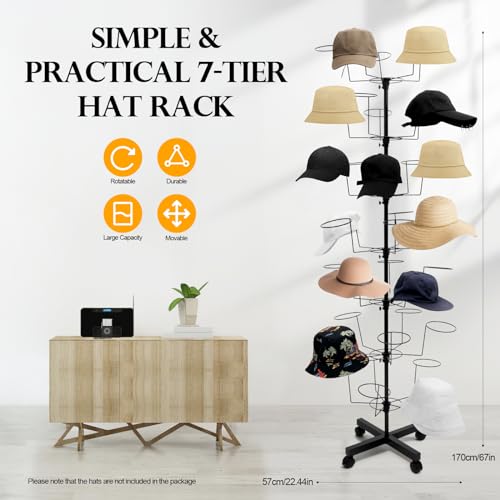YINZINR 7- Tier Hat Display Rack Stand, Movable Heavy Duty Iron Hat Rack with 4 Wheels, Retail Rotating Hat Display Stand, 35 Hats Caps Holders,Height Adjustment, for Home or Commercial