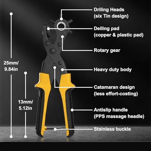 Image of Leather Hole Puncher, Diyife Full Set Punch Tool Kits for Belt, Watch Band, Shoe, Crafting, Handbag Straps, Fabric, with Extra Punch Plates and Ruler, Multi Hole Sizes Make - Yellow | Watch Band, Shoe,Handbag Straps, Fabric, with Extra Punch Plates and Ruler, Multi Hole Sizes Make - Yellow