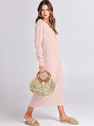 Image of ANRABESS Women Long Sleeve Button V Neck Oversized Casual Loose Fit Waffle Knit Fall Midi Sweater Dress 2026 Trendy Outfits