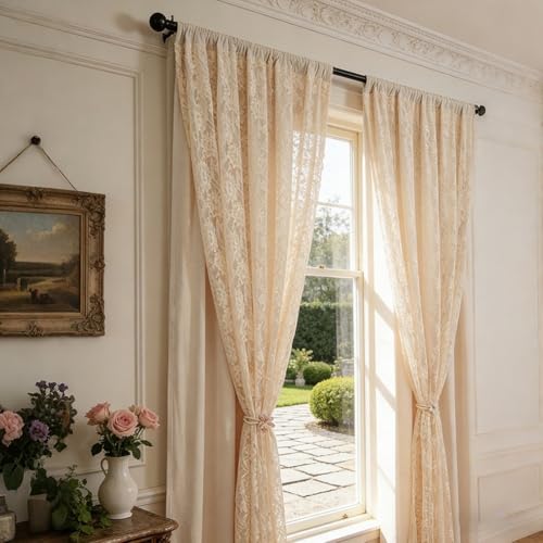 Rideaux en dentelle en polyester beige aux finitions soignées - 6