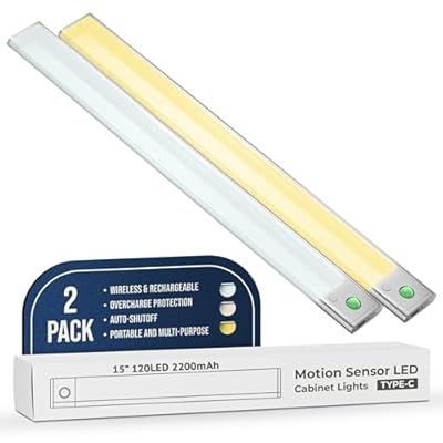 120 LED 2200mAh Under Cabinet Lighting 2 Pack 15" Motion Sensor Light - 3 Color Dim, Wireless & Rechargeable -Counter Lights for Kitchen, Closet, Stairs, Hallway - Ultra Long Lasting Battery Operated