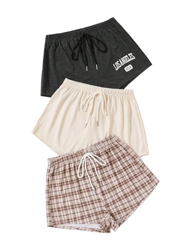 Image of WDIRARA Women's 3 Pack Plaid Letter Graphic Pajama Shorts Lounge Shorts | Elastic Waist ,Comfortable,Home Living,Sleepwear
