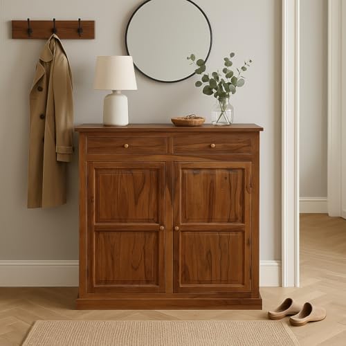 Image of Solid Sheesham Wood Shoe Cabinet with 2 Doors & 2 Drawers | Entryway Shoe Rack Storage Organizer | Natural Finish | 20 Pairs | No Assembly Required
