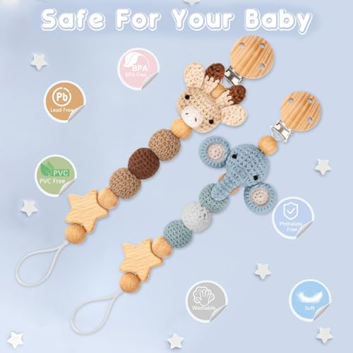 Image of Pacifier Clip, 2 Pack Pacifier Clips for Newborn Boys and Girls, Cute Handmade Knitted Pacifier Holder Fits for Most Pacifier, Baby Shower and Baby Gift