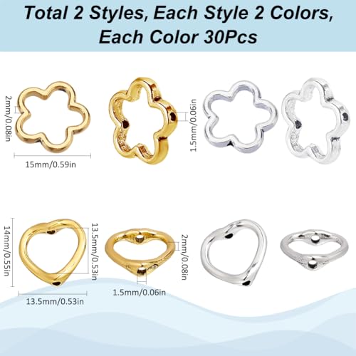 SOFPLATE 1 Box 120Pcs 4 Styles Flower Bead Frames Metal Bead Frame Silver with Double Holes Tibetan Style Alloy Gold Heart Blossom Link Connector for Jewelry Making Beading Earring DIY Craft Accessory - Image 2