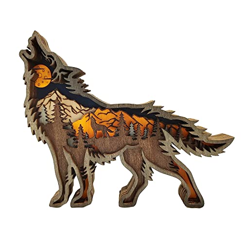NA Wood Carving Wolf Ornament Howling Wolf Statue Wolf Gift for Living Room Decorative Home Accessories Desk Decoration