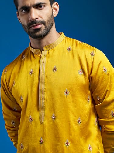 Image of VASTRAMAY VM Mens Silk Blend Kurta - Timeless Elegance for Festivals & Events | Banarasi Cotton with Silk Dobby Jacquard Mandarin Collar Full Sleeves Kurta with a Contrast Piping