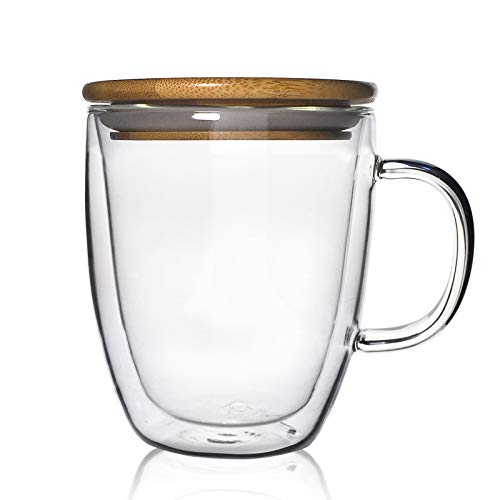 Vaso de vidrio borosilicato doble pared con tapa de bambú 16 oz miniatura 1