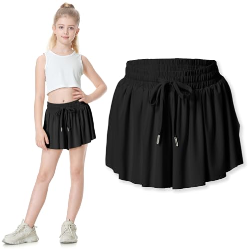 Two Inches Extended Butterfly Shorts Girls Flowy Shorts, 2-in-1 Youth Girls Athletic for Fitness, Running, Sports