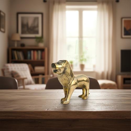 Image of Brass Lion Statue | Weight - 752 G (Approx) | Size-5 Inch Approx | Vastu Remedy | Zonal Placement -North-North-East | Lion Statue for Home Decor | Showpiece