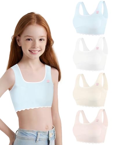 Girls Training Bras Teen Cami Bra Kids Thin Layer of Sponge 8-10 10-12 12-14 Seamless Sests-4 Packs