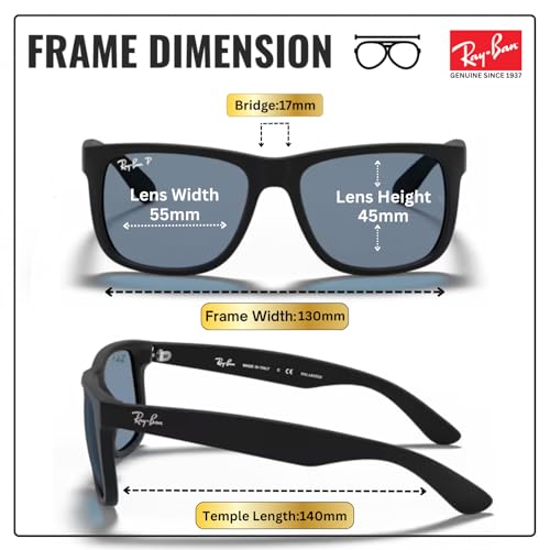 Image of Ray-Ban RB4165F JUSTIN CLASSIC LOW BRIDGE FIT Square Shape Sunglasses for Men with Official RayBan Eyewear Kit