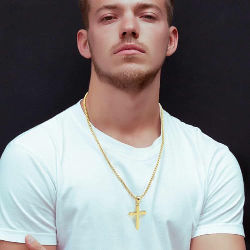 Gold Cross 14K Gold Cross Necklace for Men Crosses Pendant Necklaces for Men Crosses Chain Necklaces for Mens Simple Plain Lines with Smooth Polished Shinny Flat Box Chain Necklace Mens 20/22/24in4