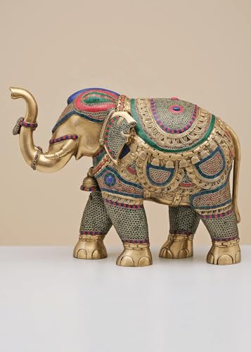 Image of Grand Brass Elephant Statue | Heavy Decorative Sculpture with Intricate Inlay Work | Solid Statement Piece for Luxury Interiors Entryway Accent and Gifting | Height 29 Inches