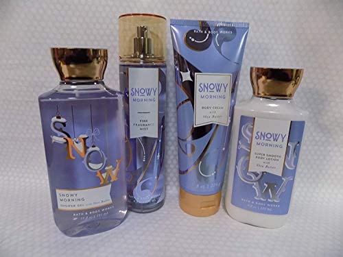 Bath and Body Works New for 2017 - Snowy Morning - 4 Piece Set- 8 oz Body Lotion, 8 oz Body Cream, 8 oz Fine Fragrance Mist, and 10 oz Shower Gel