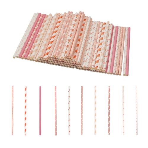 100 Pack Pink Straws, Disposable Paper Straws, Cocktail Drinking Straw, for Birthday, Coffee, Juice, Wedding and Holiday Decoration