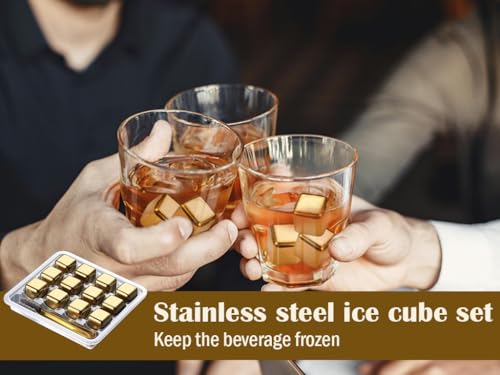 Anlising 12PCS Whisky Steine Edelstahl Set, Eiswürfel Edelstahl mit Clip, Eiswürfel Aus Edelstahl, Edelstahl-Kühlsteine, Whisky Eiswürfel Wiederverwendbar, für Wein,Wodka,Likör,Getränkesaft (Golden)