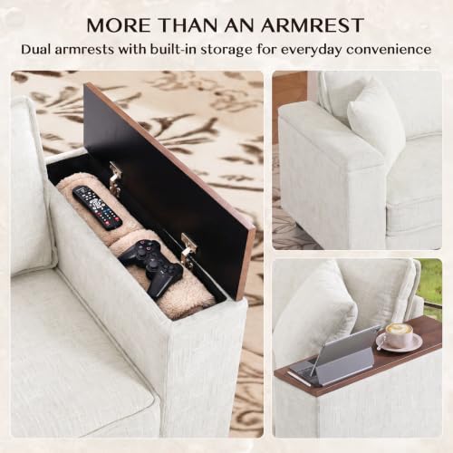 Image of 126 inch L Shaped Sectional Couch, Comfy Chenille Sectional Couch, Modular Convertible V Shaped Couch, 5 Seat Corner Sofa with 2 Pillows & Storage Armrests for Living Room, Beige