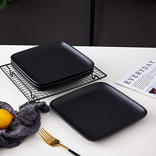 Bruntmor 8" Ceramic Appetizer Plates | Serving Platter | Set Of 4, Square Black Simple Modern Ceramic Salad/Dessert Plates | Christmas Dinner Plates Set | Christmas Dinnerware Or Thanksgiving #TOP3