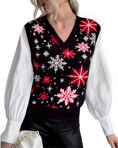 Image of JULYCLO Christmas Sweater Vest Women Ugly Xmas Reindeer Knit Sweaters Casual Santa Snowflake V Neck Sleeveless Outwear Tops