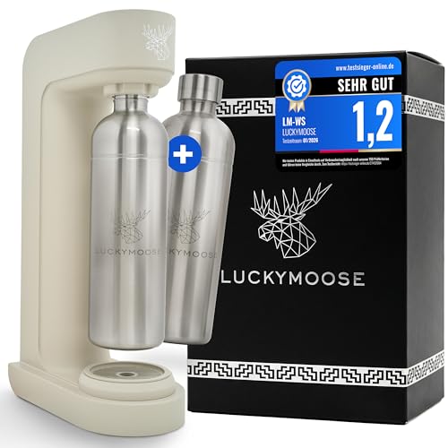 Luckymoose Infinity Wassersprudler mit 2x 1,25L langlebigen, spülmaschinenfesten Edelstahlflaschen – CO₂-sparende Sprudelwasser Maschine – Kompatibel mit den blauen 60l CO₂-Zylindern
