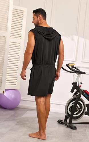 VintageClothing Men's Summer Robe with Hooded Lightweight Bathrobe House Kimono Sleeveless Sexy Sleepwear Pajamas4