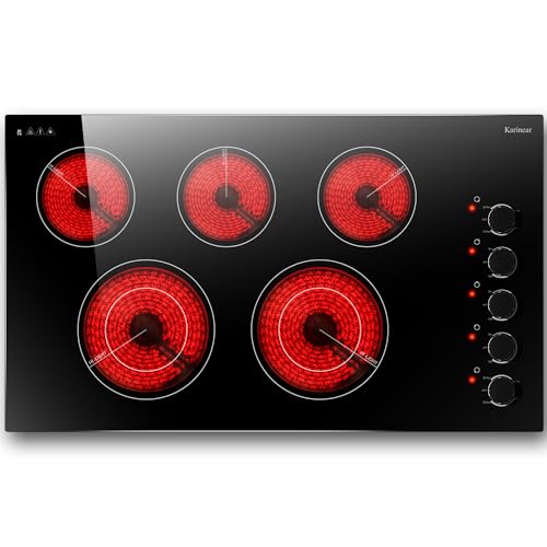 Image of Karinear 36 Inch Electric Cooktop Knob Control 5 Burners Radiant Stove Top | Hardwired 220-240V, No Plug, Built-in Design, Perfect for the elderly, 9 Power Levels, Residual Heat Indicator, 8400W, 40A