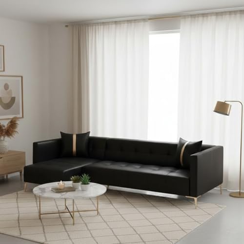 Image of FURNY Styliving 6 Seater Leatherette LHS L Shape Sofa Set (Black) Premium Finish Sectional Sofa | Comfortable & Durable | Ideal for Living Room