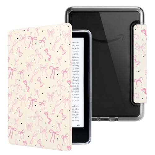 HOICHOE Pink Bow Case for 6 Kindle Paperwhite (10th Generation-2018 Release Model No.PQ94WIF) Lihght PU Leather Cover and Transparent Hard Back with Auto Sleep/Wake