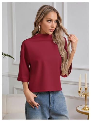 SweatyRocks Women's 3/4 Sleeve Mock Neck Basic Loose T-Shirt Elegant Top Burgundy Medium.