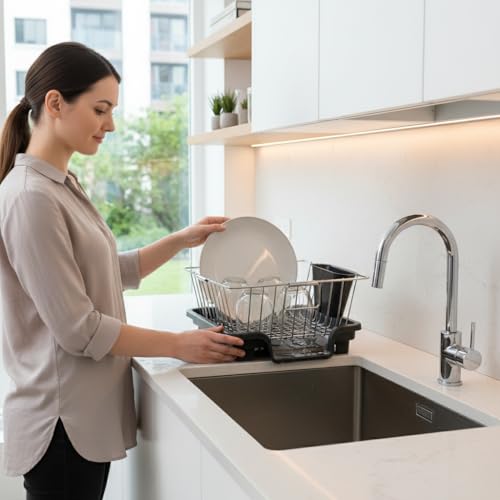 Image of Premium Stainless Steel Dish Rack for Kitchen | Dish Drying Rack with Draining Tray & Cutlery Holder | Space Saving Utensil Stand | Bartan Organizer Basket with Handle