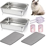 RUIAN 2Pack Stainless Steel Litter Box, Low-Entry Small Animal Litter Pan for Kittens & Rabbits, Includes 2 Mats & Scoops