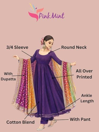 Image of Pinkmint Women's Bandhani Print Flared Anarkali Muslin Kurta Set with Pant & Stylish Dupatta Ethnic Long Sleeve Dress Suit Set|Regular Fit